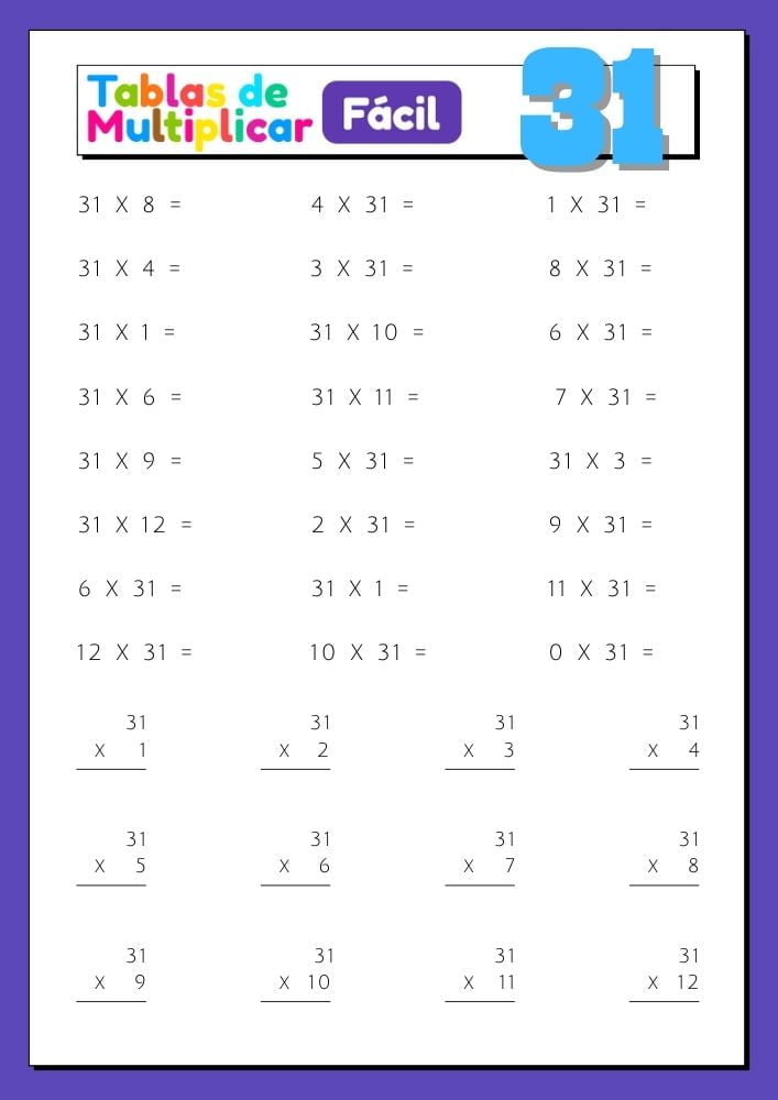Imágenes con ejercicios para imprimir de la tabla del 31